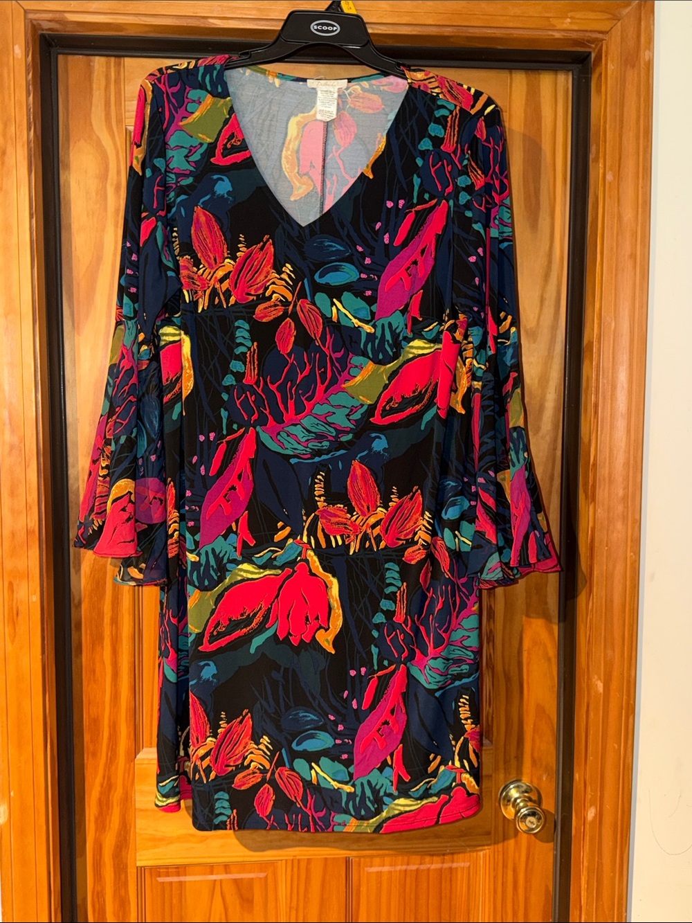 Bold Multicolor Floral V-Neck Midi Dress in Black